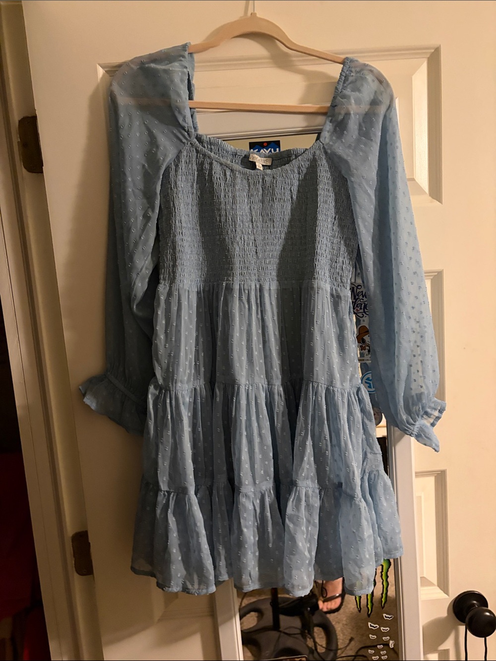 Patrons of Peace Light Blue Smocked Tiered Swiss Dot Dress